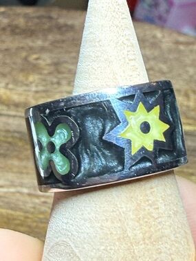 Alan K Black Enamel Ring with Yellow Star and Green Clover